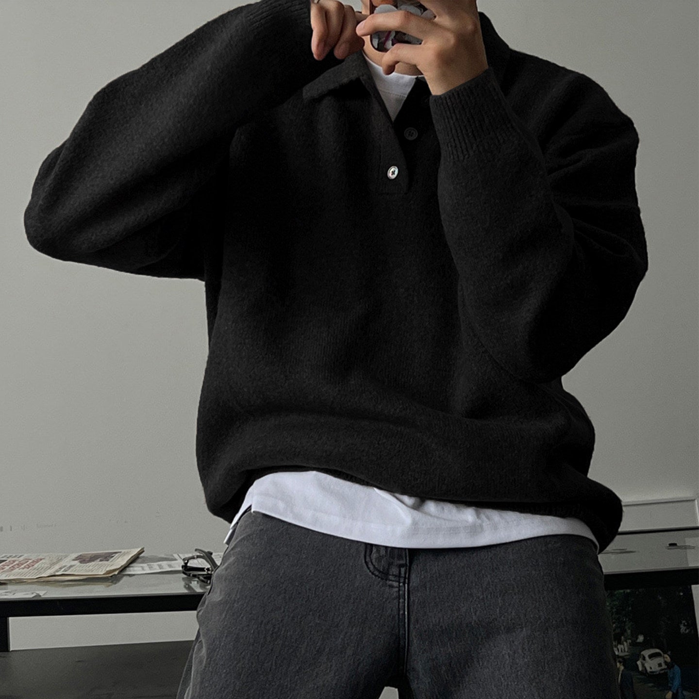 Mens Lapel Polo Knit Sweater